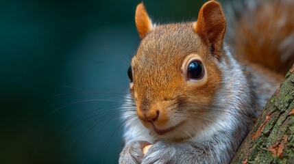 Fototapeta premium The Curious Squirrel: A captivating close-up of a curious squirrel, perched on a tree branch, its alert gaze fixed directly on the viewer, showcasing nature's intricate beauty.