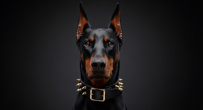 Doberman Pinscher with Spiked Collar, Intense Gaze, and Dark Background