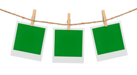 Three blank Chroma key Green format Polaroid photo frames clipped to a rope with wooden pegs, isolated on white or transparent background. PNG