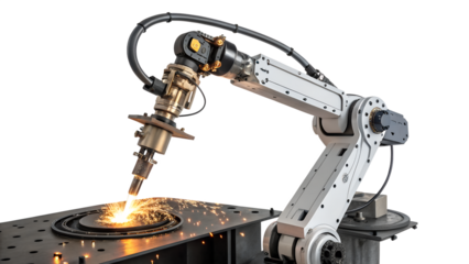 A robotic welding arm in action, showcasing precision and automation in a modern industrial setting isolated on transparent background