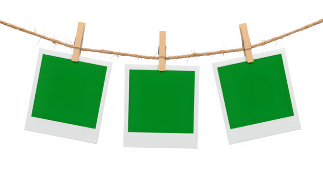 Three blank Chroma key Green format Polaroid photo frames clipped to a rope with wooden pegs, isolated on white or transparent background. PNG