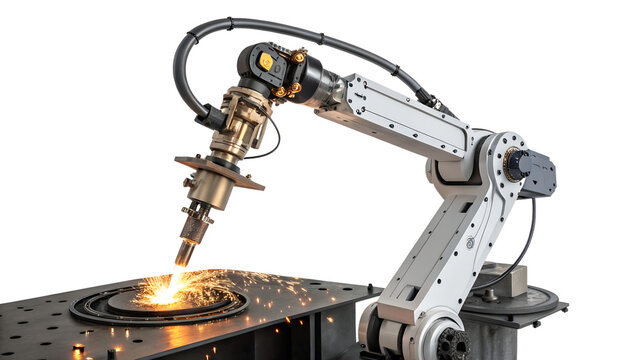 A robotic welding arm in action, showcasing precision and automation in a modern industrial setting isolated on transparent background