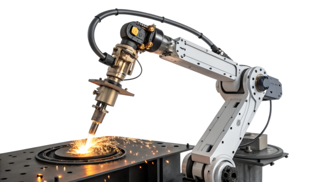 A robotic welding arm in action, showcasing precision and automation in a modern industrial setting isolated on transparent background - Powered by Adobe