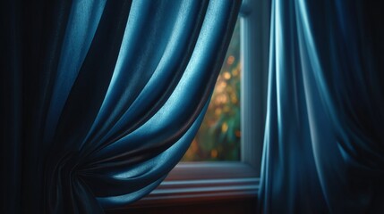 Window view through Curtain: Capture the serene ambience of a tranquil scene through an open window framed by flowing silk curtains, revealing the soft hues of the world outside. 