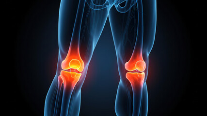 Knee Pain and Inflammation – X-ray of Human Knee Knee Joint with Red (Orange) Highlight. Blue glowing lines on Dark Blue background 3D render medical illustration