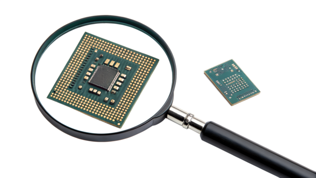A closeup of a computer processor under a magnifying glass, isolated on transparent background
