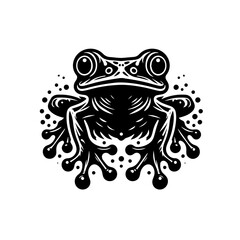 Stylized Black Frog Illustration with Bubbles.
