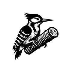 Stylized Black and White Woodpecker Perched on Log.
