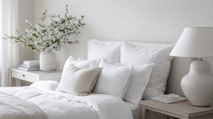 white bed linen, pillows, side table and lamp, all in shades of white, soft shadows, calm and minimal concept