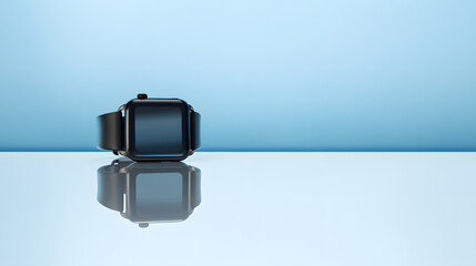Sleek Black Smartwatch Mockup Displayed on a Light Blue Reflective Surface