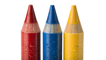 A closeup of red, blue, and yellow pencils isolated on transparent background