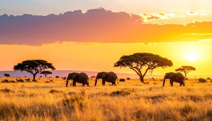 Obraz premium Elephants at sunset in African savanna view.