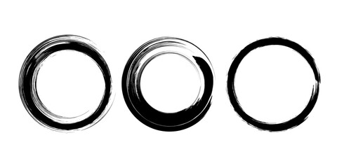 Set of black grunge paintbrush strokes. Enso Zen symbol. Circular label, logo, text frame, banner, emblem, badge. Grunge design element. Isolated. Distress texture. Ink brush strokes