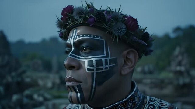 Tribal man portrait with face paint, wearing flower crown at ancient ruins. Ceremonial, spiritual identity, cultural heritage, ritual, fashion, artistry for documentaries, films, ads.