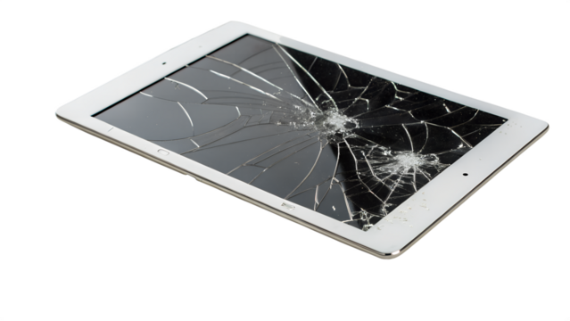 A broken tablet screen with cracks and shattered glass is isolated on a transparent background, highlighting the damage and need for repair