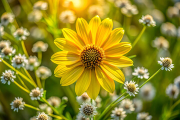 Fototapeta premium A single yellow wildflower blooms vibrantly in a sunlit meadow, surrounded by smaller white flowers, capturing the essence of summer
