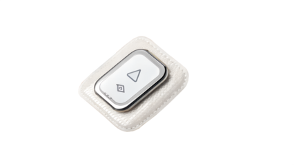 A wearable sensor patch is displayed isolated on transparent background, representing modern medical health monitoring technology