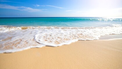 Obraz premium Soft waves lap a pristine, pale sand beach under a vibrant blue sky