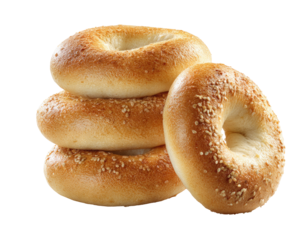 Stack of four bagels, one on top of another, with a slightly separated bagel in front
