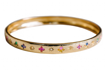 Gold bangle bracelet with colorful gemstones
