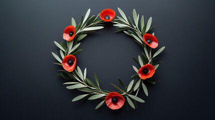 A wreath of poppies and olive branches on a dark background, symbolizing remembrance, peace, and honor for veterans and fallen heroes on remembrance day and anzac day