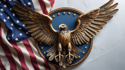 Bronze eagle statue perched atop a waving american flag, symbolizing patriotism, freedom, and the enduring spirit of the united states of america, isolated on white background