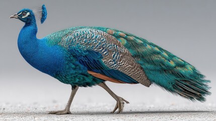 Obraz premium Striking peacock side view with vibrant plumage, capturing elegant stride