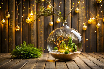 A beautiful glass terrarium containing a miniature tree and moss sits on a wooden surface, illuminated by warm fairy lights and festive bokeh
