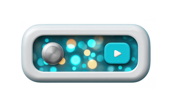 White rectangular media player icon, teal play button