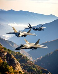 Three fighter jets fly in formation over a mountainous landscape