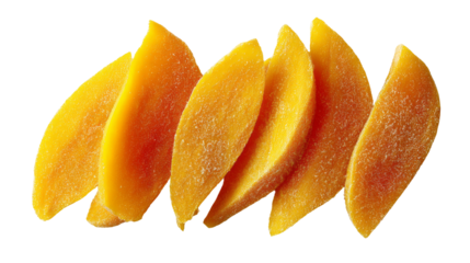 Dehydrated mango slices arranged in fan with bright yellow color isolated, transparent background