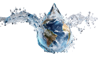 Water droplet shaped like Earth with splashing water around it isolated, transparent background