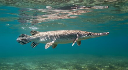 Obraz premium A majestic alligator gar swims just below the calm surface of clear, sunlit freshwater, its reflection shimmering above. A serene underwater wildlife portrait.