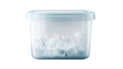 Ice cube container with clear plastic lid holding frozen cubes isolated, transparent background