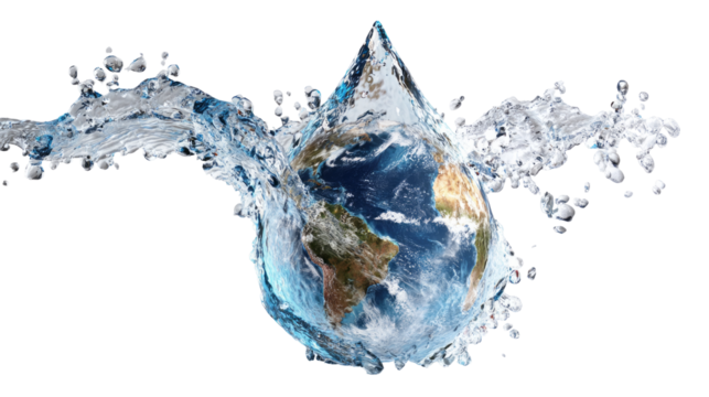 Water droplet shaped like Earth with splashing water around it isolated, transparent background