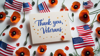 Thank you veterans card with american flags and red poppies isolated on white background, a patriotic tribute to honor military service and celebrate freedom