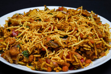 Closeup bhel puri with sev and papdi