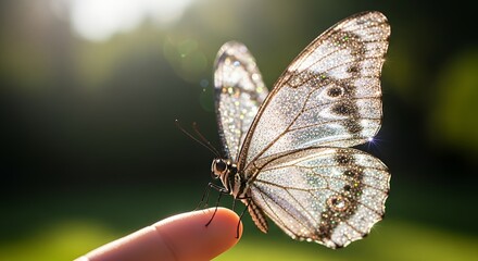Obraz premium Iridescent Butterfly Resting on Finger, Sparkling Wings in Sunlight, Delicate Beauty