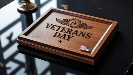 Obraz premium Veterans day wooden box with american flag and engraving to honor military personnel who have served in the united states armed forces on veterans day isolated on black background