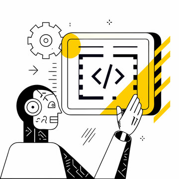 artificial intelligence robot coding vector illustration, ai technology development and programming concept, modern line art design

