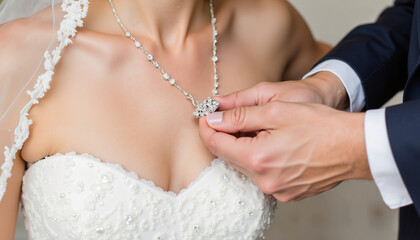 Groom fastening necklace on bride during wedding ceremony  