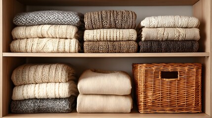 Knitted sweaters neatly stacked on closet shelves.