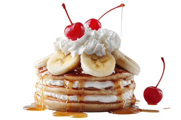 Stacked pancakes topped with whipped cream, sliced bananas, and cherries, drizzled with syrup