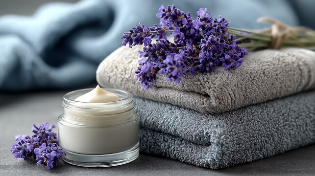 Lavender Skincare Still Life - Cream Jar & Fresh Flowers on Stacked Towels - Elegant Beauty Composition with Clean Textures & Sunny Aesthetic