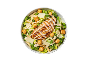 Vibrant chicken caesar pasta salad in white ceramic bowl with char-grilled chicken, romaine, parmesan, and creamy dressing on a transparent studio background, concept for food advertising