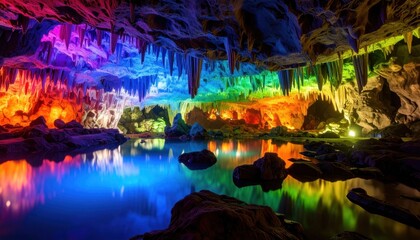 Colorful cave with water with stalactites, and and rainbow lighting.