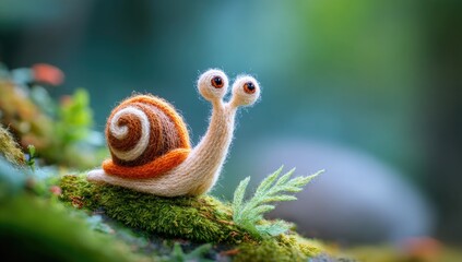 Fototapeta premium Cute, hand-crafted snail figurine on mossy log