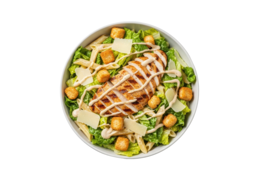 Vibrant chicken caesar pasta salad in white ceramic bowl with char-grilled chicken, romaine, parmesan, and creamy dressing on a transparent studio background, concept for food advertising