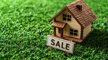 Wooden house model with a sale sign on a grassy background