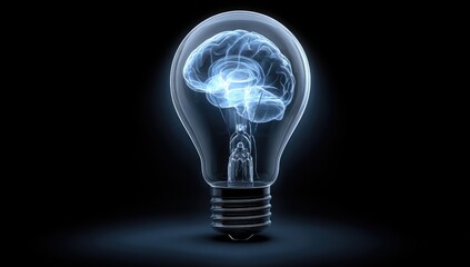 Brain inside a lightbulb, glowing blue